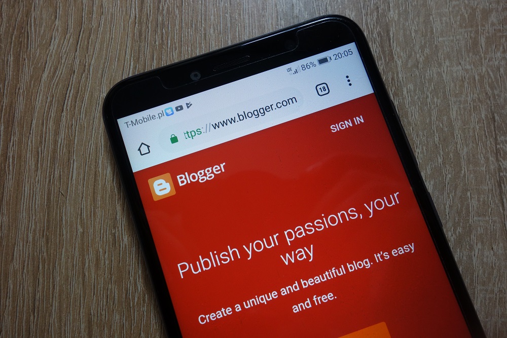 Blogger.com website displayed on smartphone