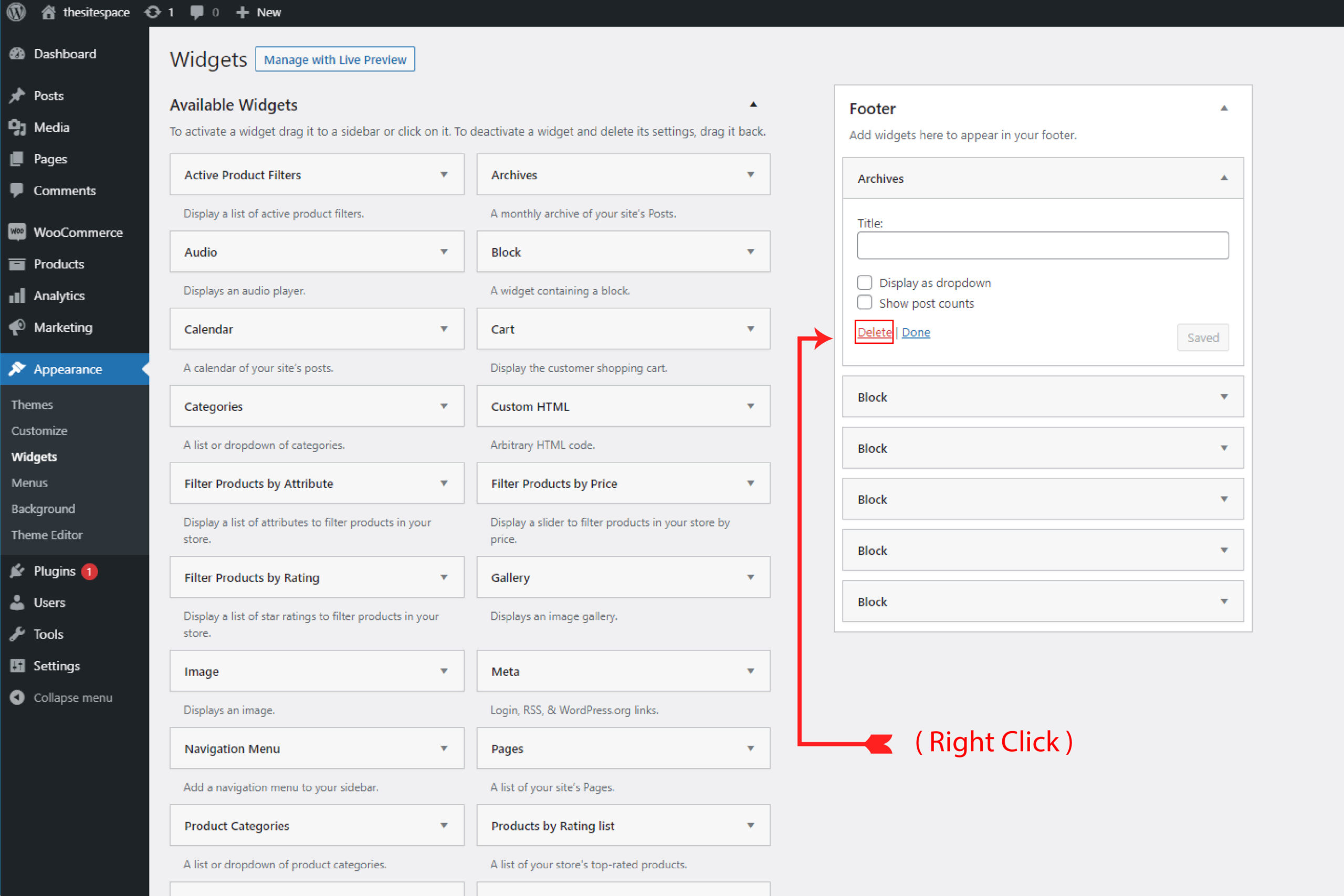 Deleting a wordpress widget