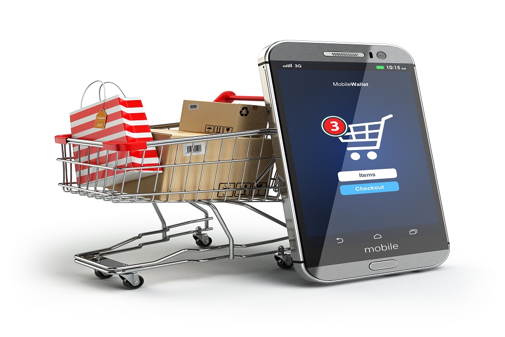 Mobile phone or smartphone with cart and boxes and bag